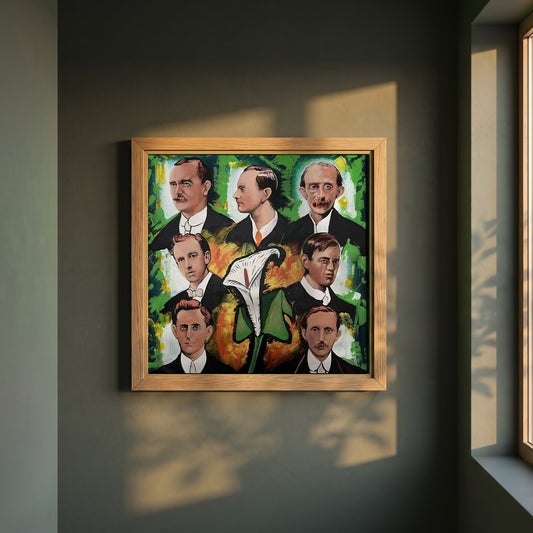 1916 Proclamation framed print in a natural oak frame on a dark green wall beside a window, dappled plant shadow