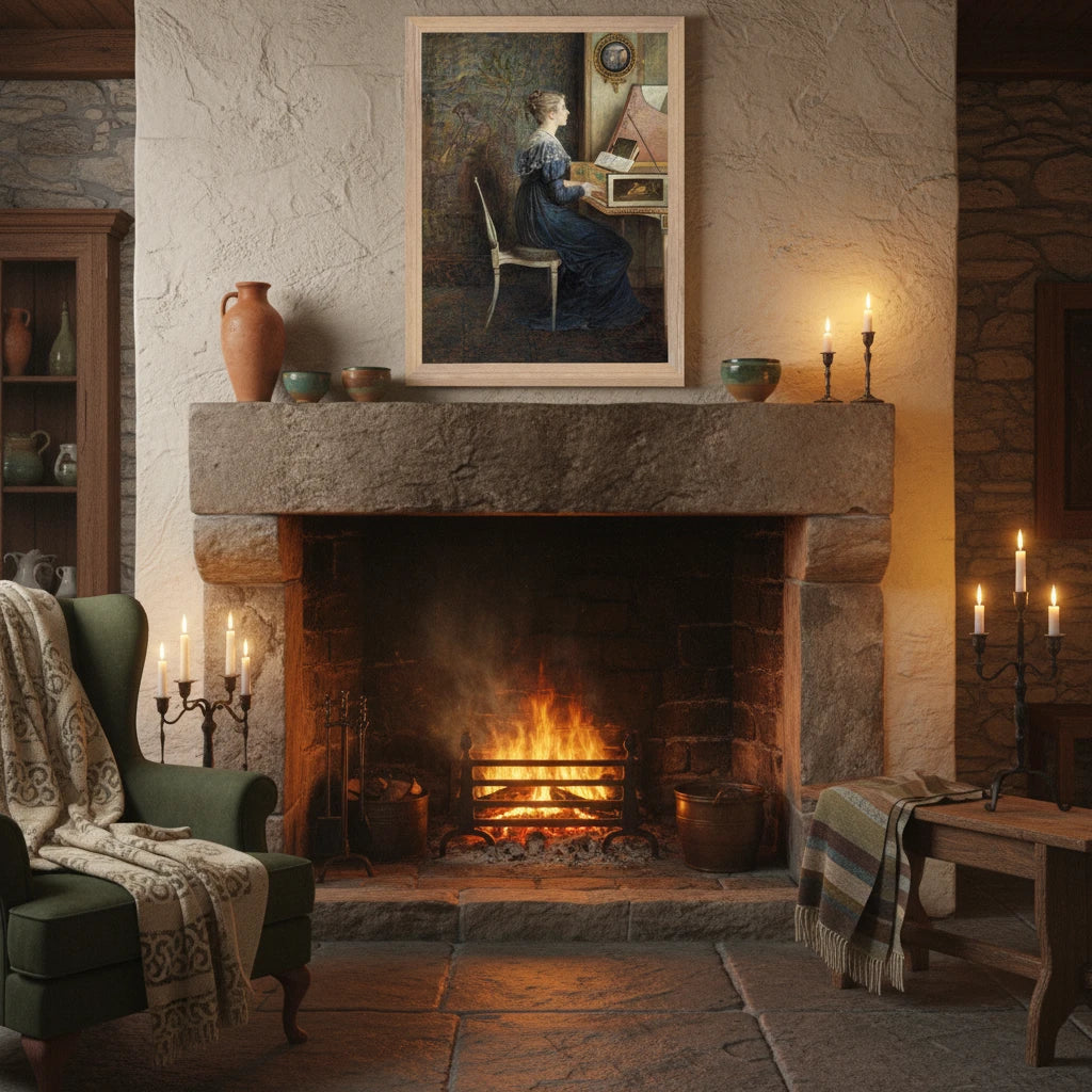 “An Old Song” framed in natural oak, displayed above a rustic stone fireplace in a heritage Irish home; candlelight glow, woven textures, clay pottery, and peat-fire ambience celebrating warmth and tradition.