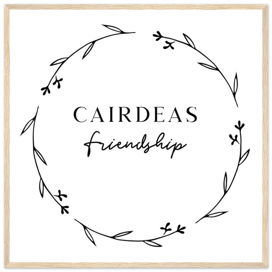 Cairdeas Friendship Irish language print in an oak frame, with a hand-drawn leaf wreath