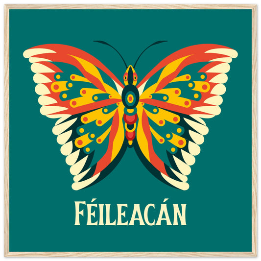 Féileacán, Irish for butterfly, colourful stylised butterfly on teal in a light oak frame