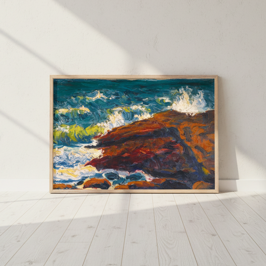 Seascape by Roderic O'Conor in an oak frame leaning on white floorboards in a bright empty room