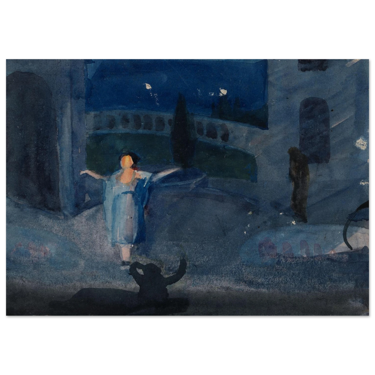 Jose Collins in The Maid of the Mountains art print, moonlit blue stage scene with a dancing figure