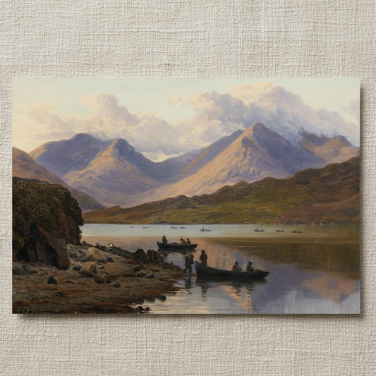 A View of the Killaries art print by Bartholomew Colles Watkins, unframed archival matte paper, showing Killary Fjord, mountains and fishing boats. archival print resting on light linen fabric. Soft natural daylight, gentle shadows, artisanal fine-art photography style.