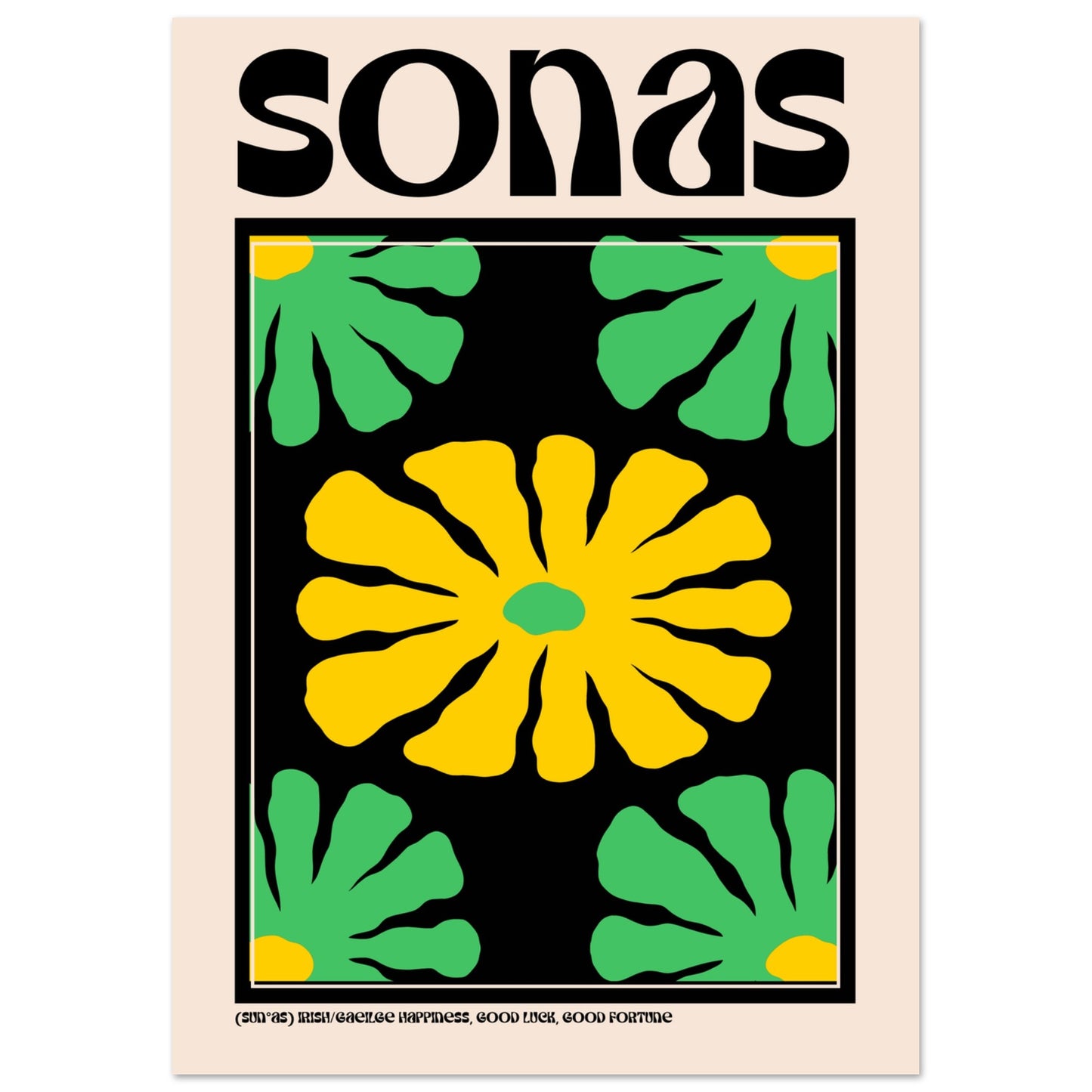 Sonas (Happiness) Irish language art print — yellow and green floral design, part of the As Gaeilge set of 8