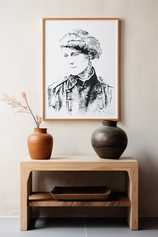 Irish art print by Ó Maoláin depicting Countess Markievicz, celebrating her courage and activism. This timeless piece blends art and history, capturing Ireland's heritage. Perfect for adding a meaningful touch to any space.