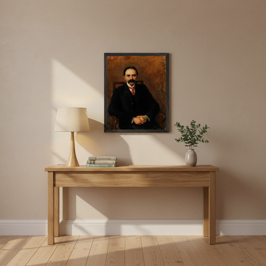 Douglas Hyde portrait by John Butler Yeats in museum-quality black frame, displayed in a refined Irish heritage interior setting.