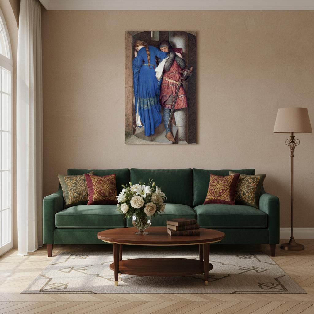 Frederic William Burton’s Hellelil and Hildebrand, The Meeting on the Turret Stairs displayed in beautifully styled interiors, demonstrating how this iconic Irish romantic art transforms any space with sophistication and cultural heritage.