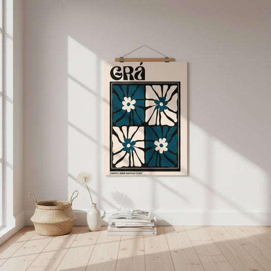Scandinavian-style apartment interior with light wood floors and muted walls; Grá poster unframed, clipped to a hanger rail or propped against wall with stack of art books.