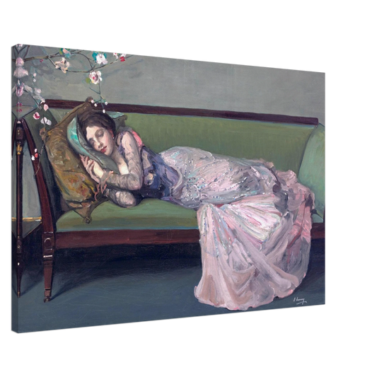 Painting by Irish Artist Sir John Lavery of a woman in a flowing dress lying on a green couch with decorative elements.