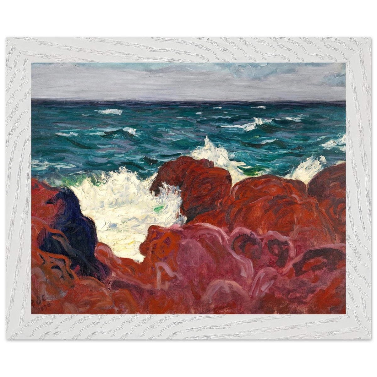 Framed Red Rocks and Sea print in a white wood-grain frame, O'Conor seascape of red rocks and breaking waves