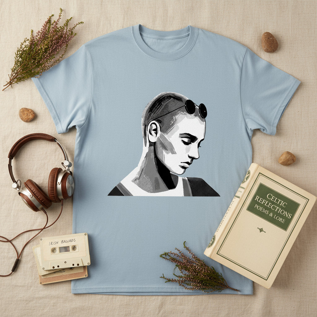 Sinead O’Connor T-shirt laid flat on linen cloth beside headphones, cassette tapes, and Irish poetry book. Artistic composition, heritage colour palette.