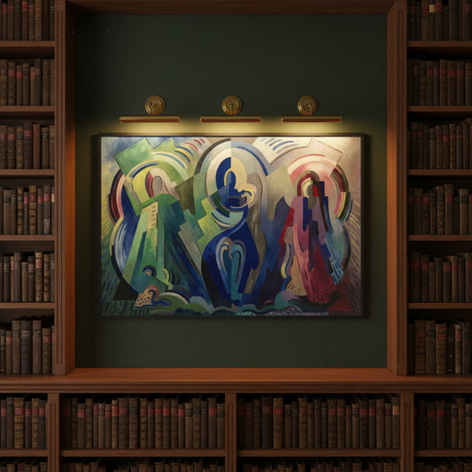 The Virgin of Éire by Mainie Jellett – black framed Irish abstract religious Framed fine art print hanging on a deep green heritage library wall, surrounded by antique bookshelves, brass picture lights above frame, warm ambient lighting, historically rich atmosphere, ultra-realistic 4K.