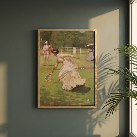 A Rally framed print in a natural oak frame on a dark green wall beside a window, dappled plant shadow