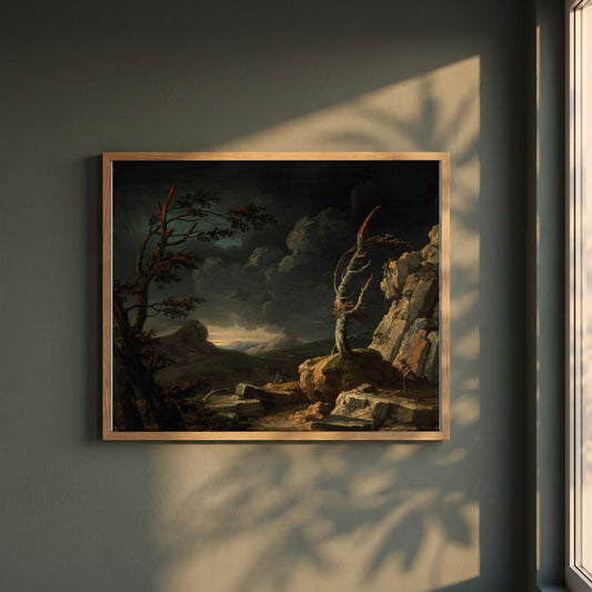 A Stormy Landscape framed print in a natural oak frame on a dark green wall beside a window, dappled plant shadow