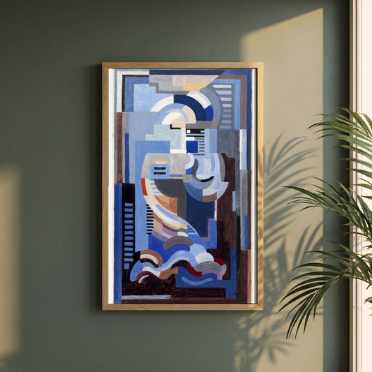 Abstract Blue Composition framed print in a natural oak frame on a dark green wall beside a window, dappled plant shadow