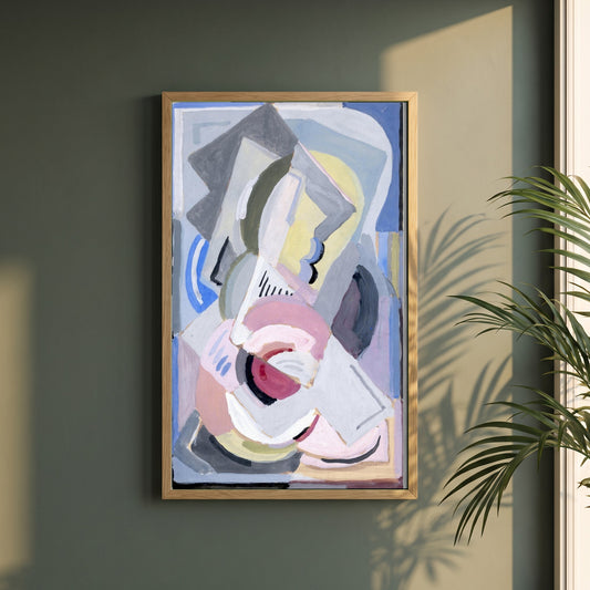 Abstract framed print in a natural oak frame on a dark green wall beside a window, dappled plant shadow