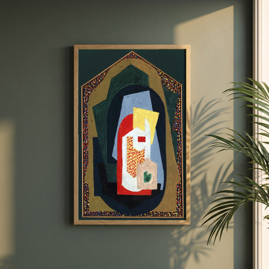 Decoration framed print in a natural oak frame on a dark green wall beside a window, dappled plant shadow