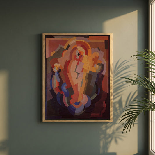 Abstract Composition framed print in a natural oak frame on a dark green wall beside a window, dappled plant shadow