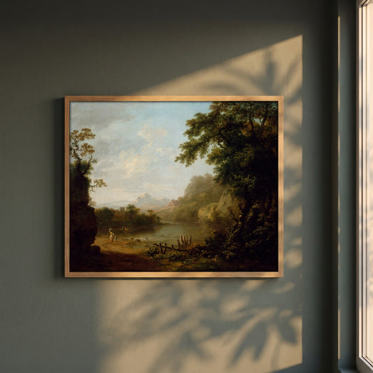 An Italianate Wooded River Landscape with Figures framed print in a natural oak frame on a dark green wall beside a window, dappled plant shadow