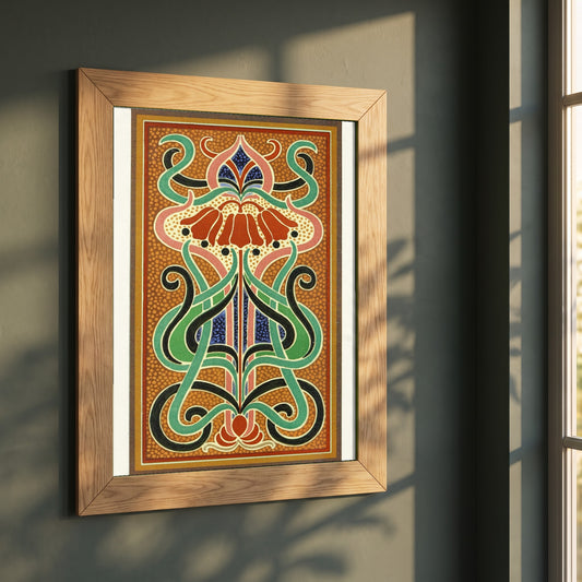 Peacock's Plumage Analysis framed print in a natural oak frame on a dark green wall beside a window, dappled plant shadow
