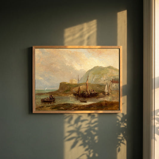 A View of Bray Head framed print in a natural oak frame on a dark green wall beside a window, dappled plant shadow