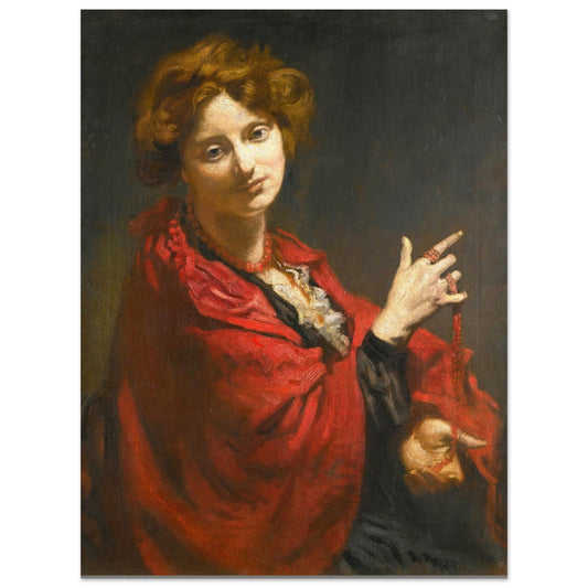 Anita Bartle, The Red Shawl by William Orpen, portrait of a woman in a red shawl raising one hand