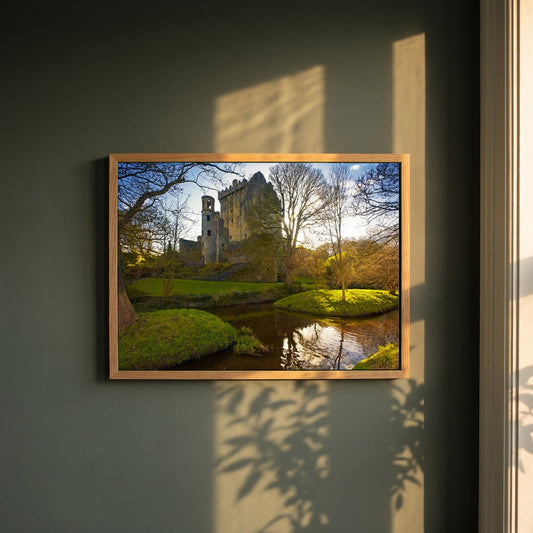 Blarney Castle framed print in a natural oak frame on a dark green wall beside a window, dappled plant shadow