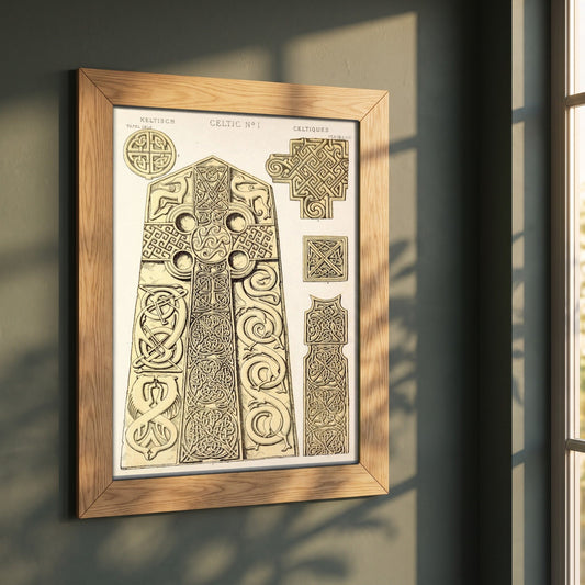 Celtic No.1 by Owen Jones framed print in a natural oak frame on a dark green wall beside a window, dappled plant shadow