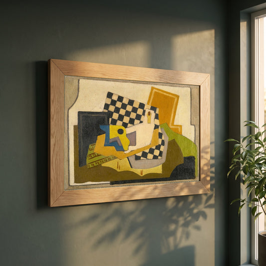 Composition 1925 framed print in a natural oak frame on a dark green wall beside a window, dappled plant shadow