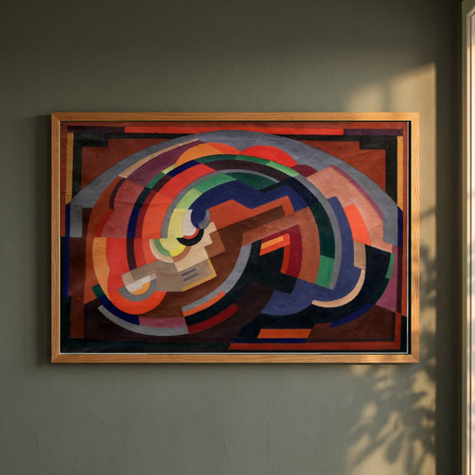 A Composition framed print in a natural oak frame on a dark green wall beside a window, dappled plant shadow