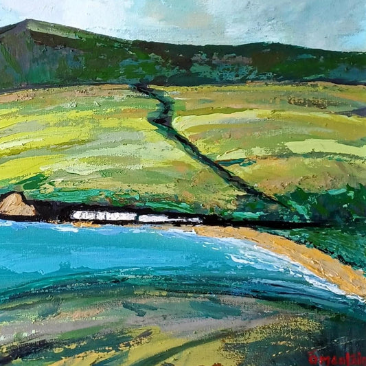 Close up of Cushendun fine art paper texture. Painting of a coastal landscape with green hills and blue sea.