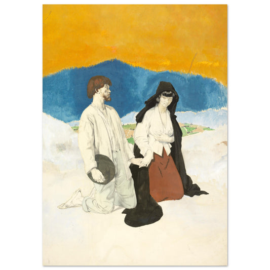 Study for The Western Wedding by William Orpen, kneeling couple before a blue mountain under an orange sky