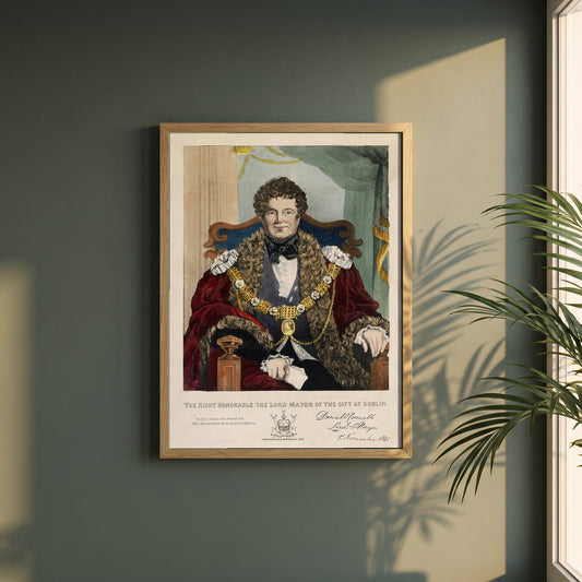 Daniel O’Connell Lord Mayor of Dublin framed print in a natural oak frame on a dark green wall beside a window, dappled plant shadow