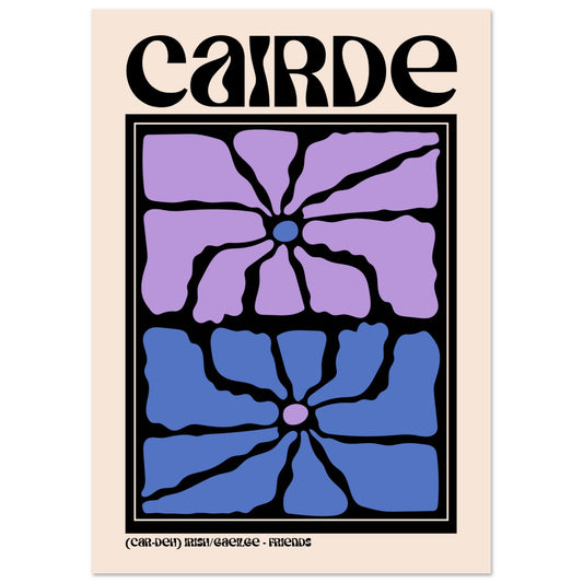 Cairde (Friends) Irish language art print — blue and lavender floral design, part of the As Gaeilge set of 8