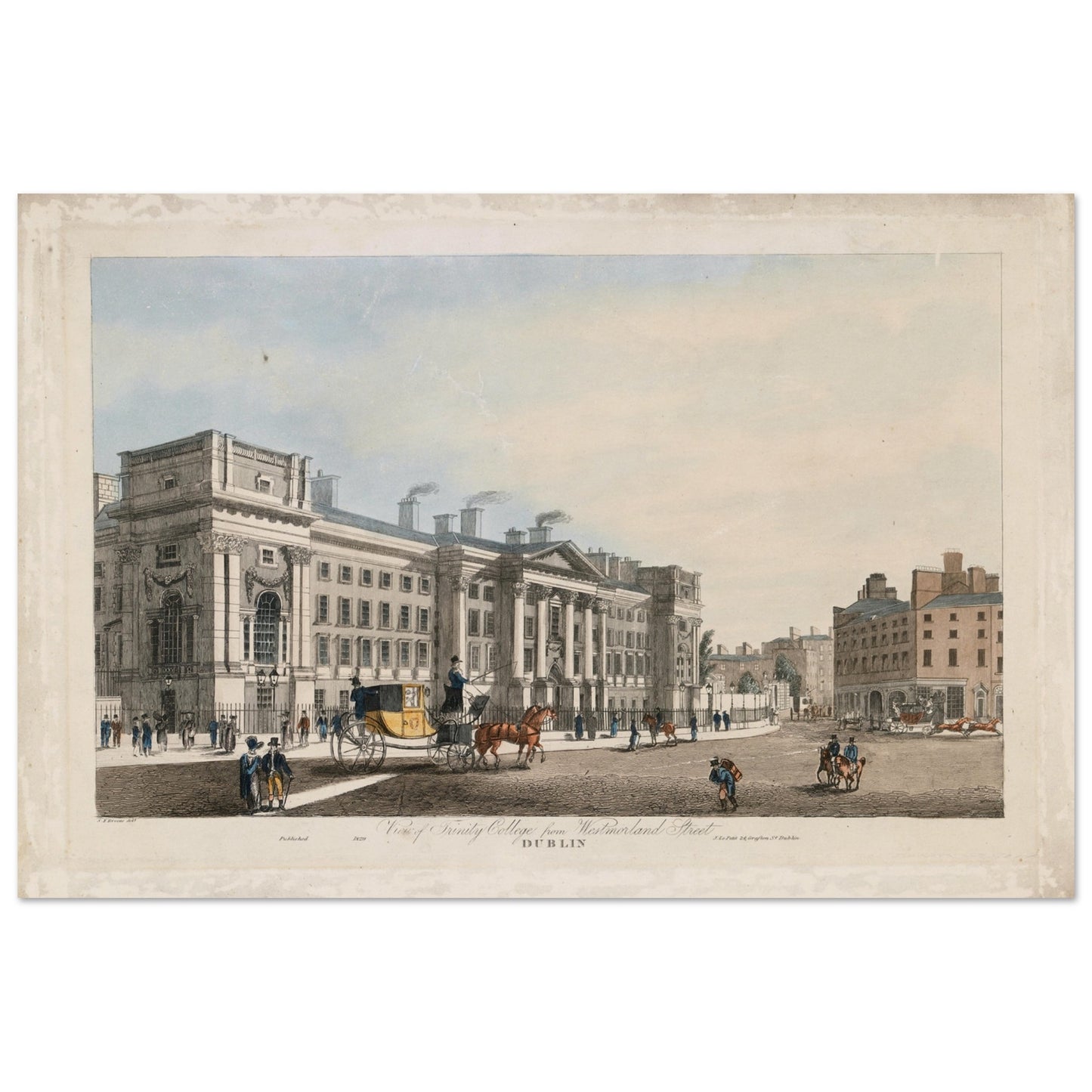 Trinity College Dublin from Westmoreland Street – Museum-Quality Reproduction Art Print – framed print close-up | Buy Irish Art