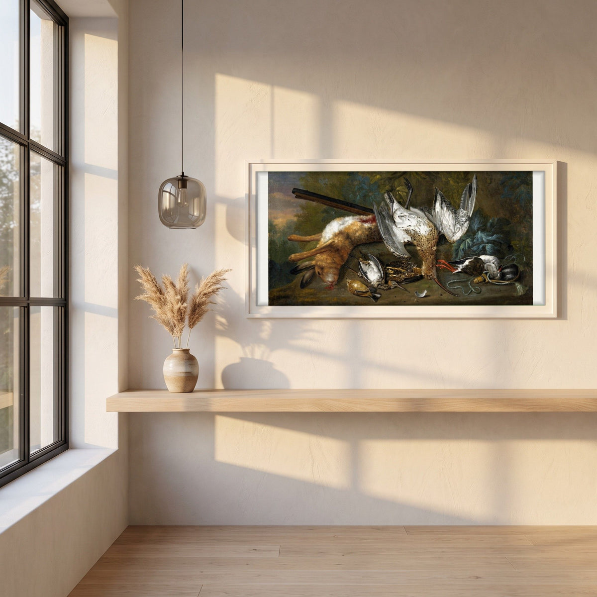 Dead Game, 1730 framed print in a white frame on a plaster wall above an oak worktop in a bright Scandinavian kitchen
