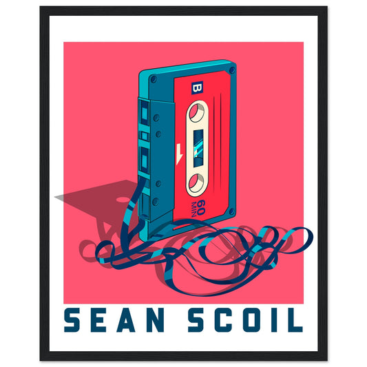 Sean Scoil print, a teal and red cassette tape with tangled tape on pink, in a black frame
