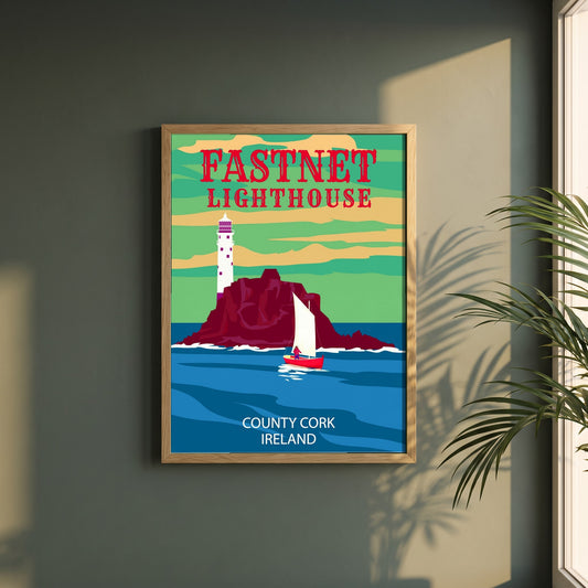 Fastnet Lighthouse County Cork Ireland Travel Retro framed print in a natural oak frame on a dark green wall beside a window, dappled plant shadow