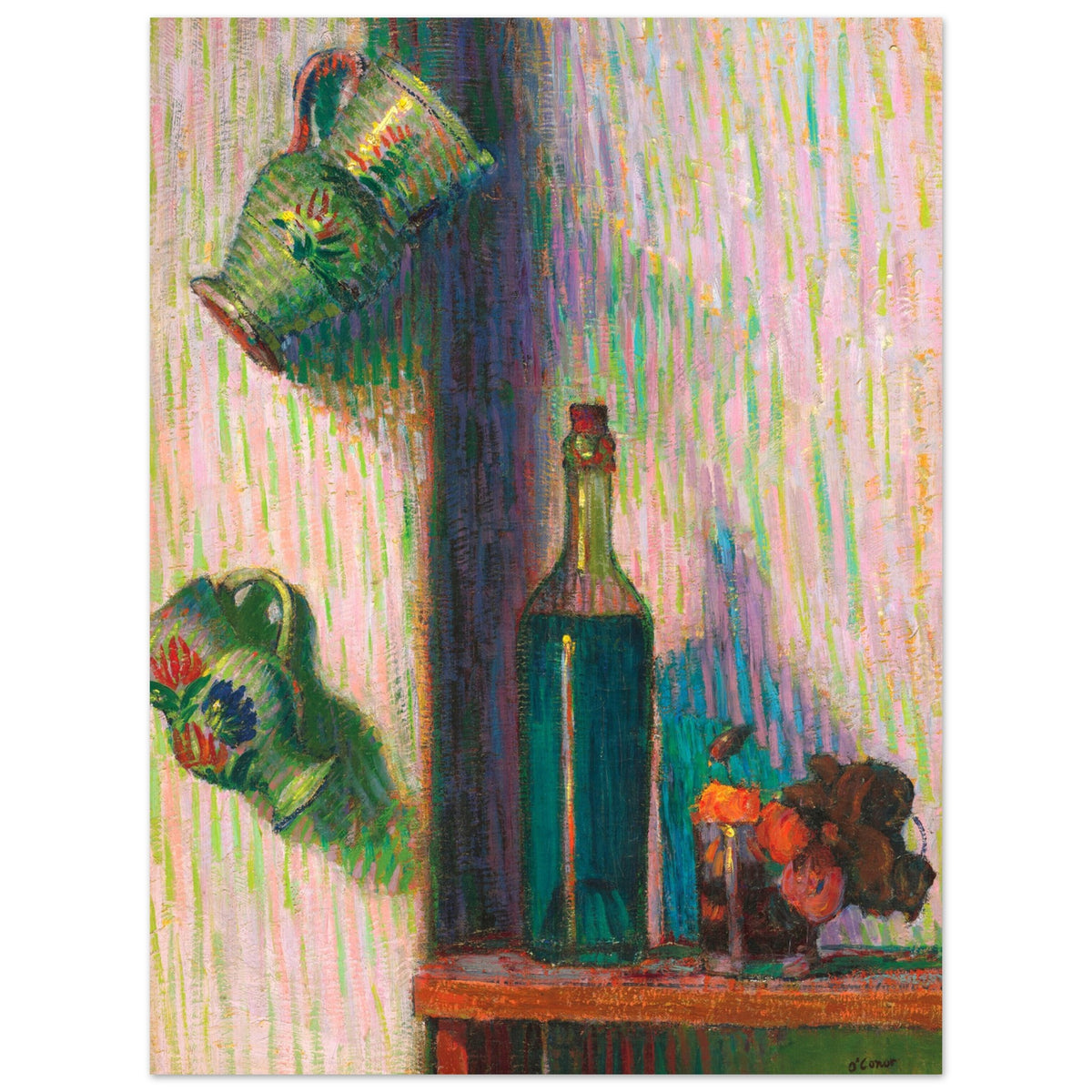 Flowers, Bottle and Two Jugs by Roderic O'Conor, full artwork showing painted stripes and red flowers