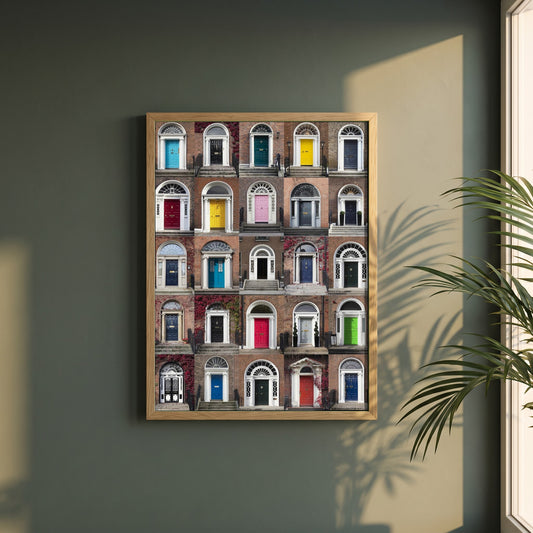 Framed Doors of Dublin framed print in a natural oak frame on a dark green wall beside a window, dappled plant shadow