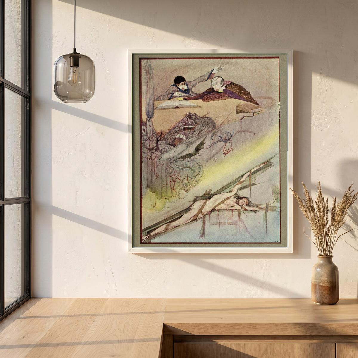 Harry Clarke framed print in a white frame on a plaster wall above an oak worktop in a bright Scandinavian kitchen