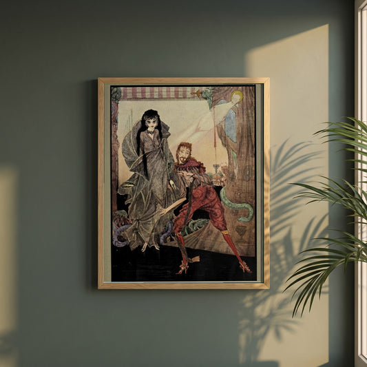 Harry Clarke framed print in a natural oak frame on a dark green wall beside a window, dappled plant shadow