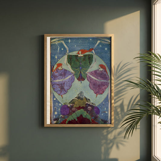 Harry Clarke framed print in a natural oak frame on a dark green wall beside a window, dappled plant shadow