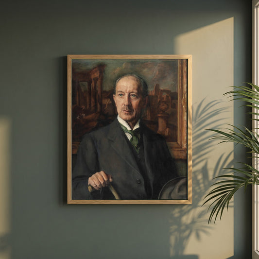 Henry Harrison framed print in a natural oak frame on a dark green wall beside a window, dappled plant shadow