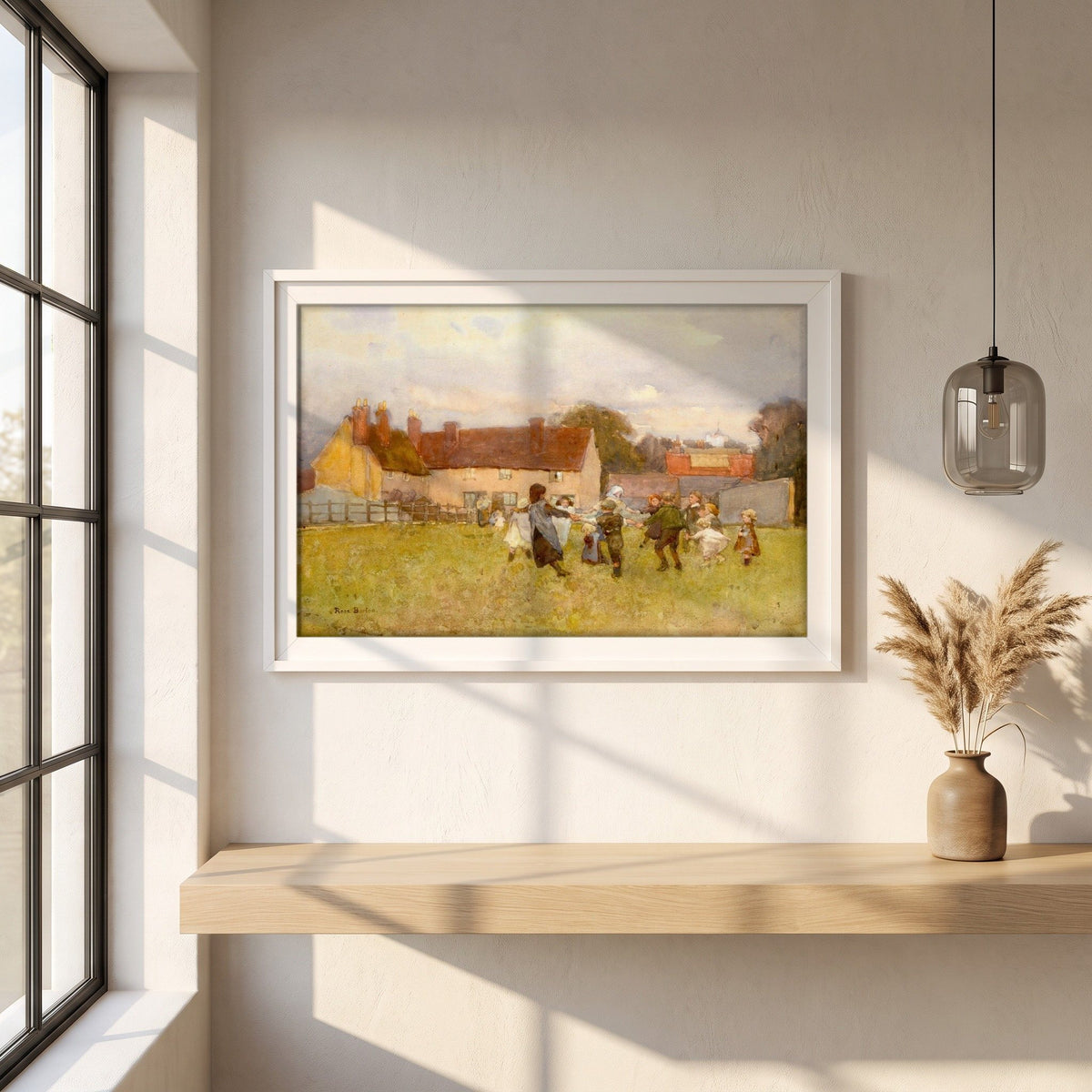 Here We Dance, Lubin Lubin by Rose Barton framed print in a white frame on a plaster wall above an oak worktop in a bright Scandinavian kitchen
