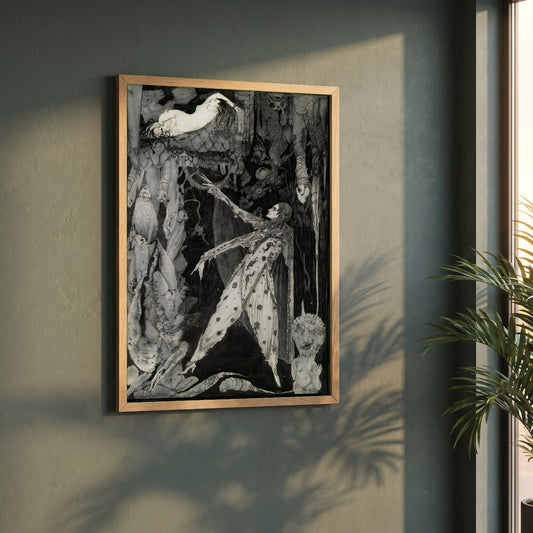 How Heavenly Fair Harry Clarke framed print in a natural oak frame on a dark green wall beside a window, dappled plant shadow
