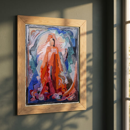 I Have Trodden the Winepress Alone framed print in a natural oak frame on a dark green wall beside a window, dappled plant shadow