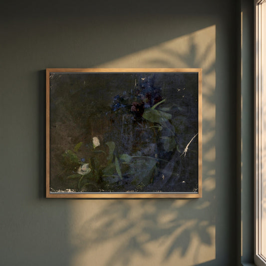 Impression of Flower Arrangement by Clare Marsh framed print in a natural oak frame on a dark green wall beside a window, dappled plant shadow
