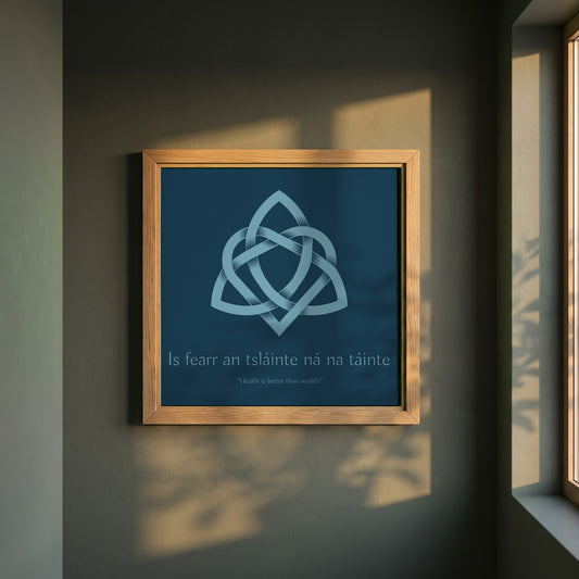 Is fearr an tsláinte ná na táinte framed print in a natural oak frame on a dark green wall beside a window, dappled plant shadow