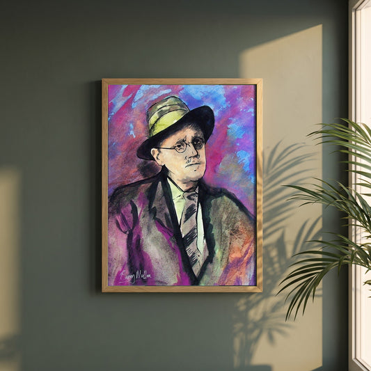 James Joyce framed print in a natural oak frame on a dark green wall beside a window, dappled plant shadow
